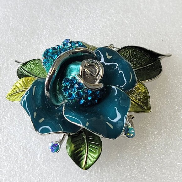 Blue Rose Enamelled Rhinestone Pendant and Brooch - Picture 5 of 10